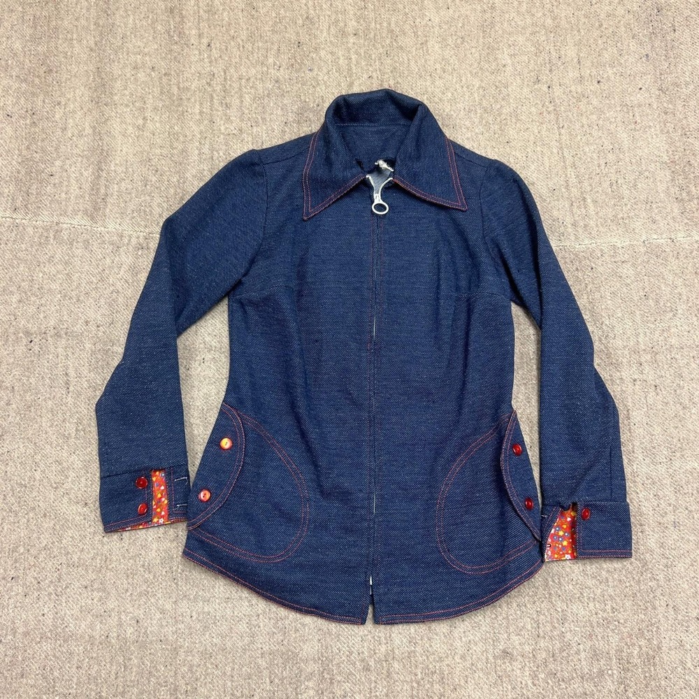 Vintage Sears Zip Up Polo Shirt Women's Small Blue 1970s